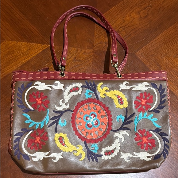 Isabella Fiore Handbags - Isabella Fiore Red and Brown Shoulder Bag with Folk Art Embroidery western